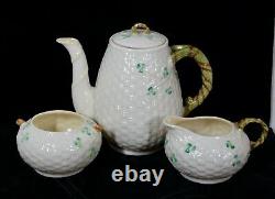 Rare! Vintage Belleek Pottery Shamrock Pattern 3 Piece Coffee Set Mint