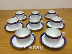 Richard Ginori PALERMO BLUE withGold Encrusted Flat Cup & Saucers (8 Sets) Italy