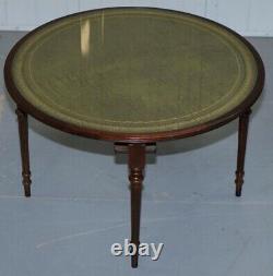 Round Coffee Table With Set 4 Nest Tables Under Mahogany Green Leather Tops