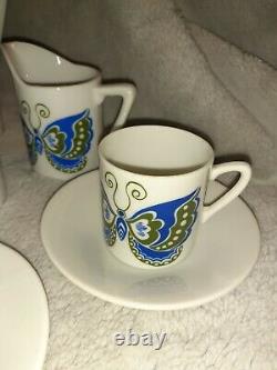 Royal Crown Demitasse Butterfly 4 Cups Saucers Sugar Creamer Coffee Pot Japan