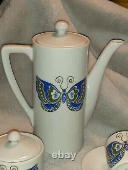 Royal Crown Demitasse Butterfly 4 Cups Saucers Sugar Creamer Coffee Pot Japan