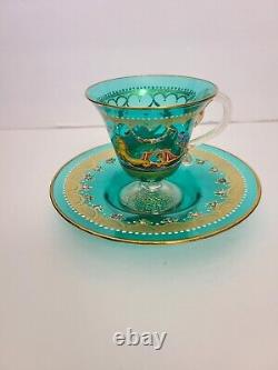 Salviati Italian Enameled Gondola Scene Floral & Gold Blue Glass Cup & Saucer