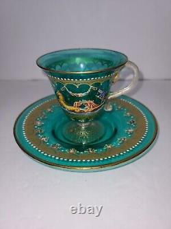 Salviati Italian Enameled Gondola Scene Floral & Gold Blue Glass Cup & Saucer