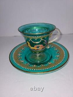 Salviati Italian Enameled Gondola Scene Floral & Gold Blue Glass Cup & Saucer