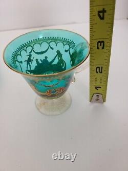 Salviati Italian Enameled Gondola Scene Floral & Gold Blue Glass Cup & Saucer