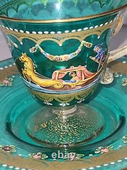 Salviati Italian Enameled Gondola Scene Floral & Gold Blue Glass Cup & Saucer