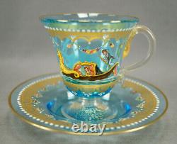 Salviati Italian Enameled Gondola Scene Floral & Gold Blue Glass Cup & Saucer A