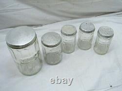 Set 5 Vintage Glass Hoosier Type Jars Shaker Panel Coffee Tea Salt/Pepper Spice