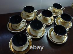 Set 8 Mallory Pottery California Black Ivory Gold Coffee Cups Saucers