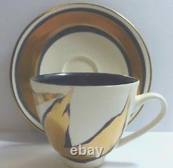 Set 8 Mallory Pottery California Black Ivory Gold Coffee Cups Saucers