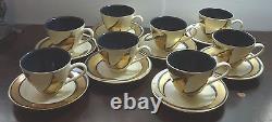 Set 8 Mallory Pottery California Black Ivory Gold Coffee Cups Saucers