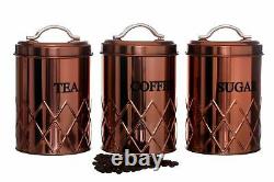 Set Of 3 Copper Storage Jars Tea Coffee Sugar Canisters Air Tight LID Container
