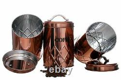 Set Of 3 Copper Storage Jars Tea Coffee Sugar Canisters Air Tight LID Container