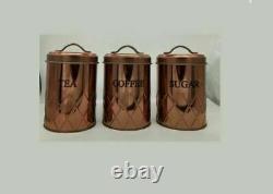 Set Of 3 Copper Storage Jars Tea Coffee Sugar Canisters Air Tight LID Container