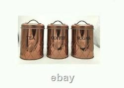 Set Of 3 Copper Tea Coffee Sugar Canisters Storage Jars Air Tight LID Container