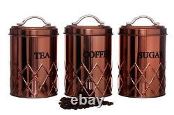 Set Of 3 Copper Tea Coffee Sugar Canisters Storage Jars Container Air Tight LID