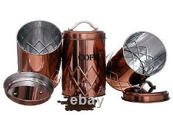 Set Of 3 Copper Tea Coffee Sugar Canisters Storage Jars Container Air Tight LID