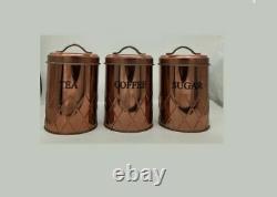 Set Of 3 Copper Tea Coffee Sugar Canisters Storage Jars Container Air Tight LID