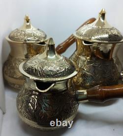 Set Of 3 Vintage Copper Turkish Coffee Pot Antique With Wooden Handle