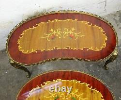 Set of 3 Vintage Nesting Coffee Side Tables Brass Marquetry Kidney Shape HTF