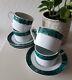 Set Of 4 Vintage Gabbay Malachite Coffee Cups & Saucers Green Gold Gaudron Style
