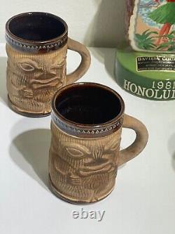 Set of (4) Vintage Paul Marshall TIKI Coffee Cups Hawaiian Polynesian + Decanter