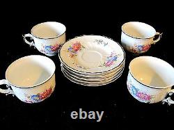 Set of 4 Vtg Hollohaza Hungary Cup Saucer High Relief Gold Gilded Floral Roses