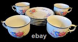 Set of 4 Vtg Hollohaza Hungary Cup Saucer High Relief Gold Gilded Floral Roses