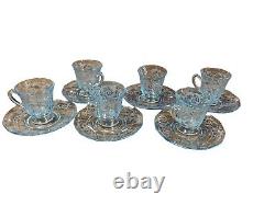 Set of 6 Vtg Flowers Fostoria Versailles Blue Demitasse Coffee Cups & Saucers