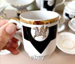 Soviet Vintage Porcelain Pegasus Tea/Coffee Set, Black & White, Golden Trim USSR