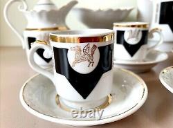 Soviet Vintage Porcelain Pegasus Tea/Coffee Set, Black & White, Golden Trim USSR