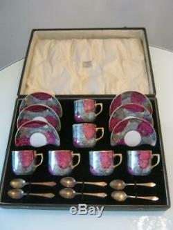 Stunning Vintage Cased Gilt Lustre Coffee Set & 6 Silver Spoons B/ham 1930