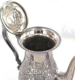 Superb Vintage Quality Hand Chased Repousse Silverplate 3 Piece Coffee Setting