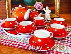 Tea coffee set Red with white peas DFZ Dulevo 1967-1991 USSR VINTAGE (NO LFZ)