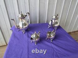 Teapot, Coffee Pot Set Creamer Sugar Pot Tongs Rodd Silver Plated PEWTER Vintage