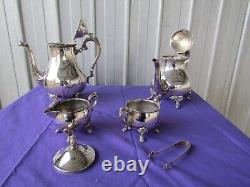 Teapot, Coffee Pot Set Creamer Sugar Pot Tongs Rodd Silver Plated PEWTER Vintage