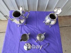 Teapot, Coffee Pot Set Creamer Sugar Pot Tongs Rodd Silver Plated PEWTER Vintage