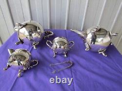 Teapot, Coffee Pot Set Creamer Sugar Pot Tongs Rodd Silver Plated PEWTER Vintage