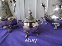 Teapot, Coffee Pot Set Creamer Sugar Pot Tongs Rodd Silver Plated PEWTER Vintage