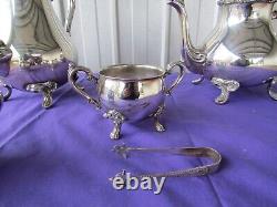 Teapot, Coffee Pot Set Creamer Sugar Pot Tongs Rodd Silver Plated PEWTER Vintage