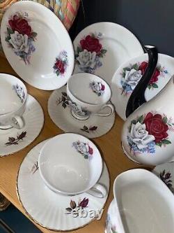 True VTG Bone China Coffee Set Teacups Saucer Plates Jug Bowl Antique Rose Trios