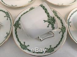 Tuscan Ribbon Bow Vintage China Coffee Set Green Art Deco Demitasse Cups 17-Pc