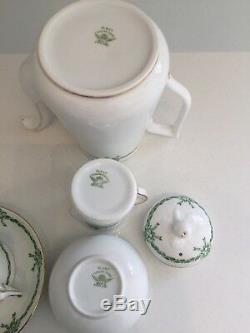 Tuscan Ribbon Bow Vintage China Coffee Set Green Art Deco Demitasse Cups 17-Pc