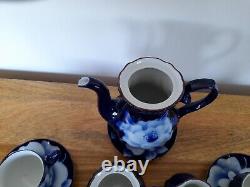 Unused Vintage Cobalt Blue Coffee Set Lotus Flower Hand Spray KT in Glaze