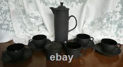 VINTAGE WEDGWOOD BLACK BASALT COFFEE SET CREAM SUGAR FOUR CUPS & SAUCERS 1960's