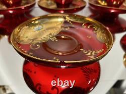 VTG. 16 pc. Garnet Red Bohemian Czech Hand Painted Enamel Coffee set 24k gold