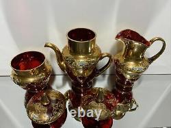 VTG. 16 pc. Garnet Red Bohemian Czech Hand Painted Enamel Coffee set 24k gold