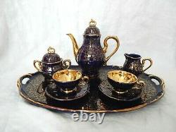 VTG BAVARIAN ECHT KOBALT HANDARBEIT COFFEE TEA SET WITH TRAY BLUE WithGOLD FLORAL
