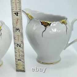VTG Korosten Porcelain Coffee Pot Tea Set w Cups Saucers Sugar Cream Gold Trim