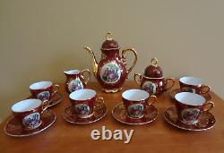 VTG New Ys Iridescent Victorian Porcelain Burgundy Gold Coffee Set 17 pieces